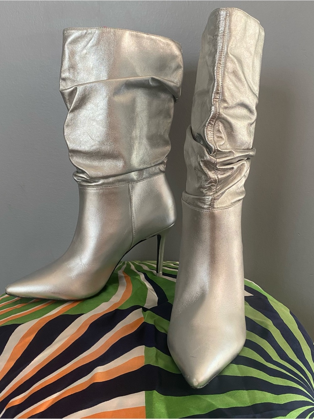 Black Suede Studio Metallic Silver Slouch Stiletto Boots 7.5
